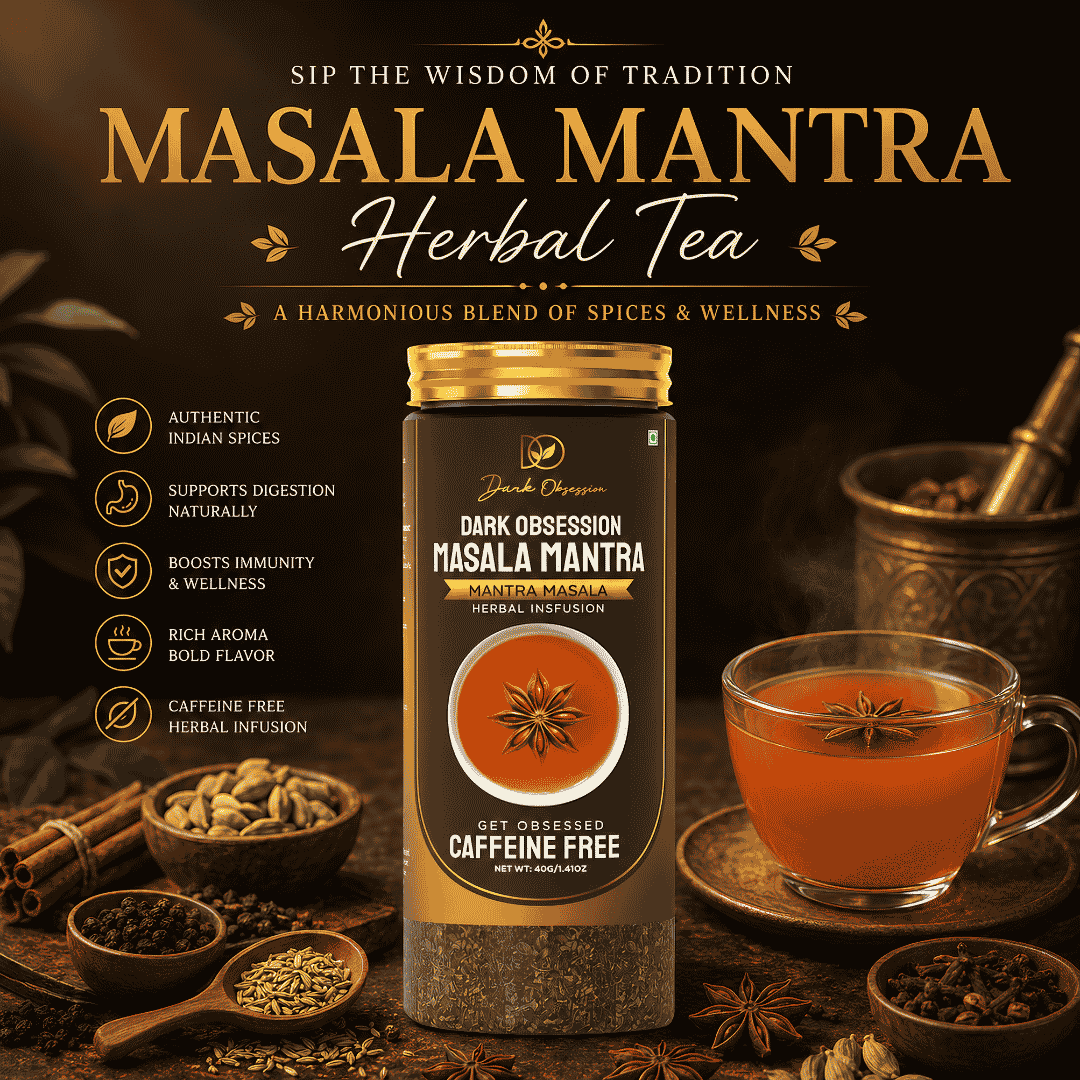 Premium Masala Mantra Herbal Tea blend with cinnamon, ginger, black pepper, cloves, cardamom, fennel seed, and star anise from trusted tea suppliers in India.